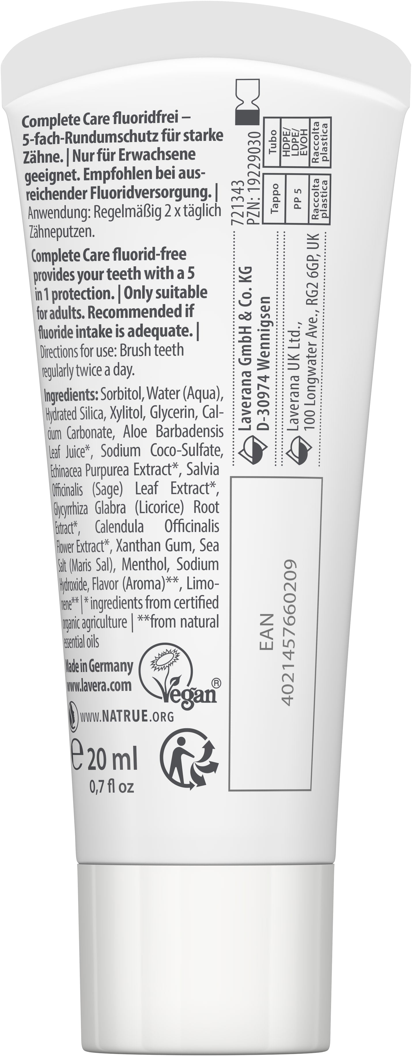 Reisegröße Zahncreme Complete Care Fluoridfrei