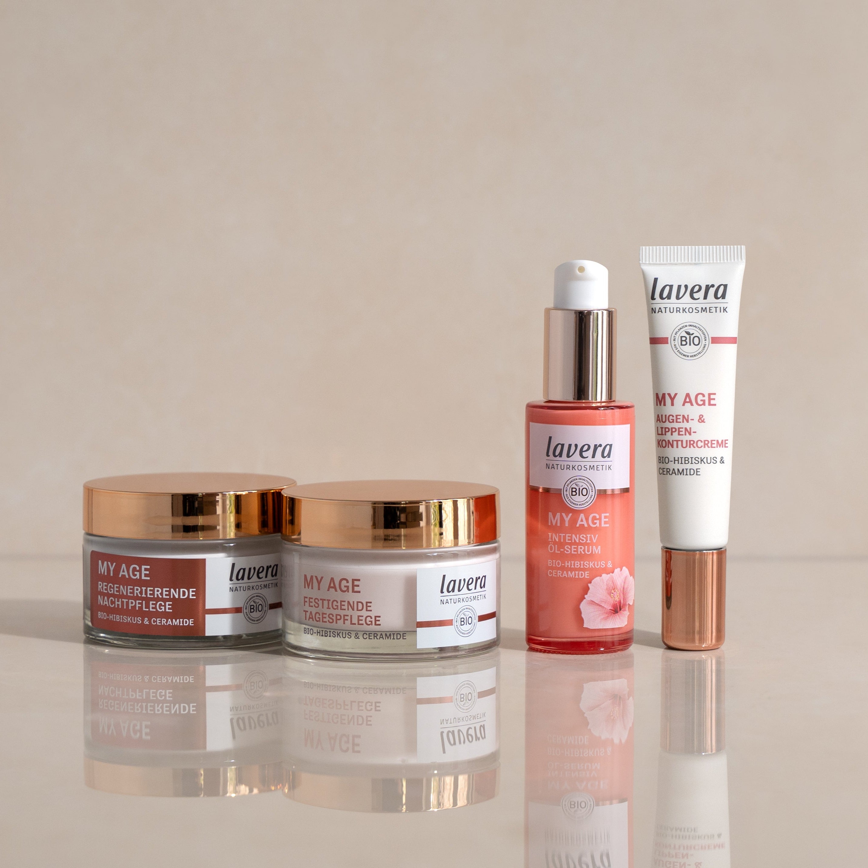 lavera My Age Pflegeprodukte – Nachtpflege, Tagespflege, Intensiv Öl-Serum und Augen- & Lippenkonturcreme auf hellem Untergrund.