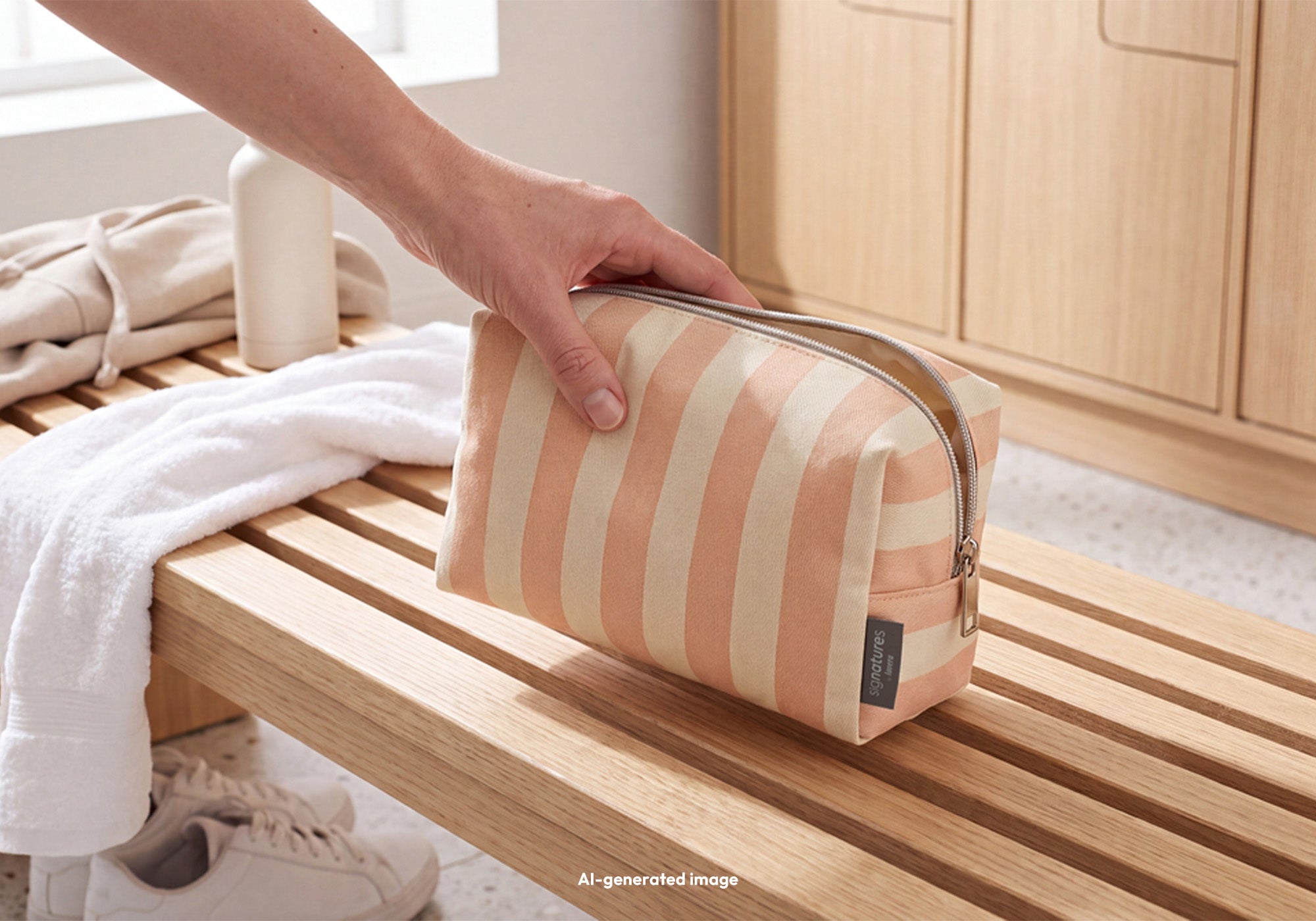 Kosmetiktasche Stripes in Anwendung (AI-generated)