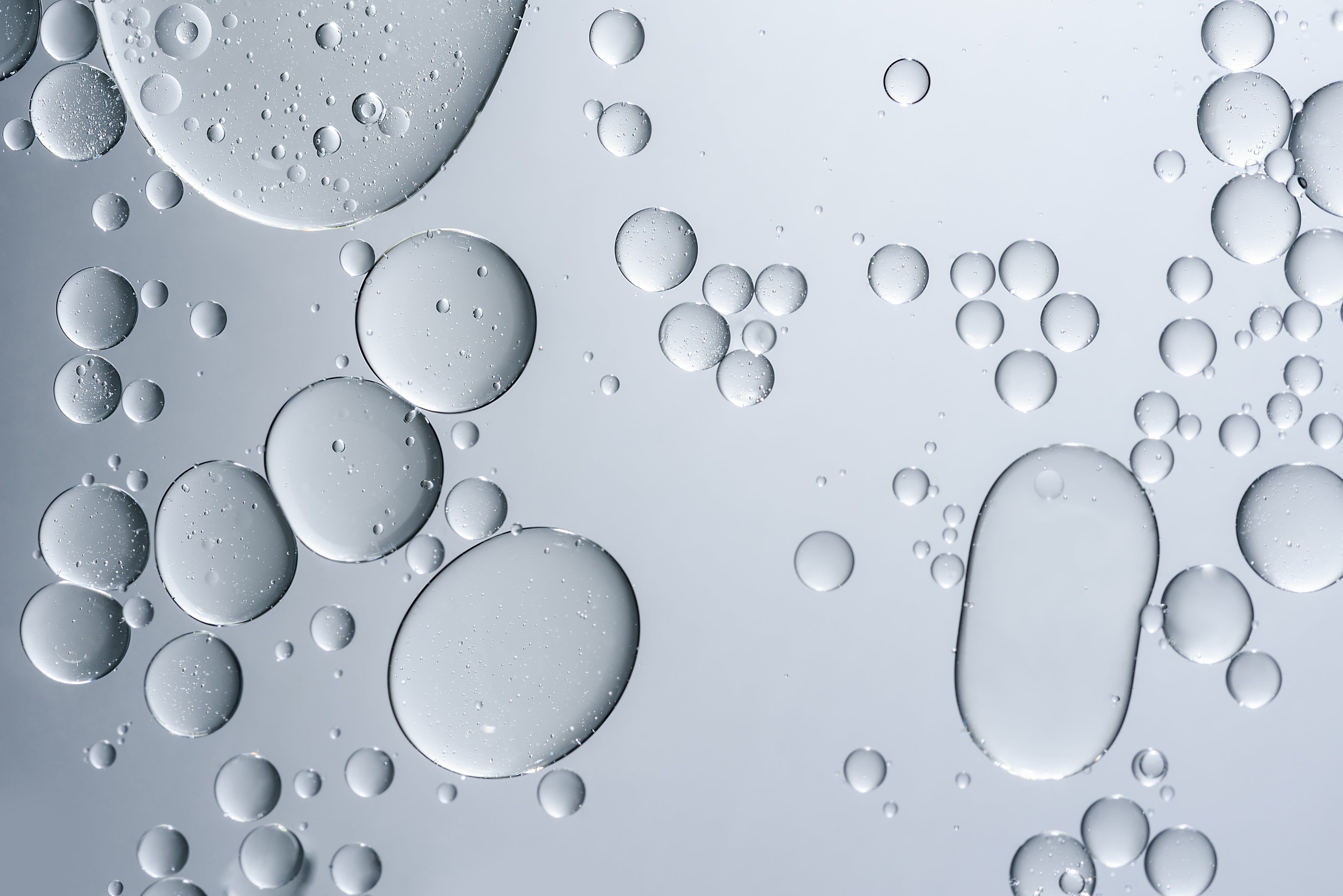 Makro: przezroczyste kropelki oleju w cieczy na jasnoszarym tle