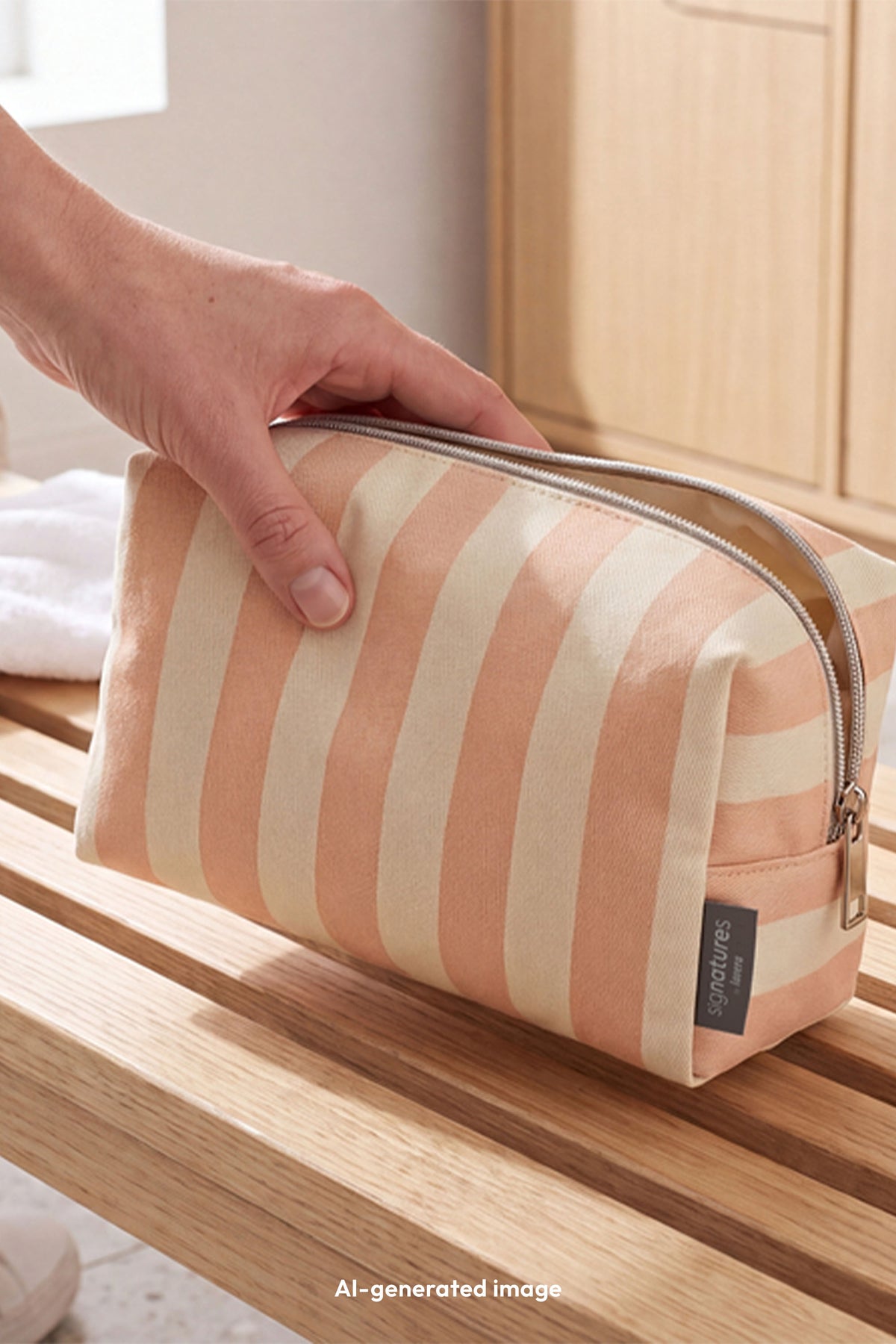 lavera Kosmetiktasche – Sunset Stripes in der Anwendung (AI-generated)