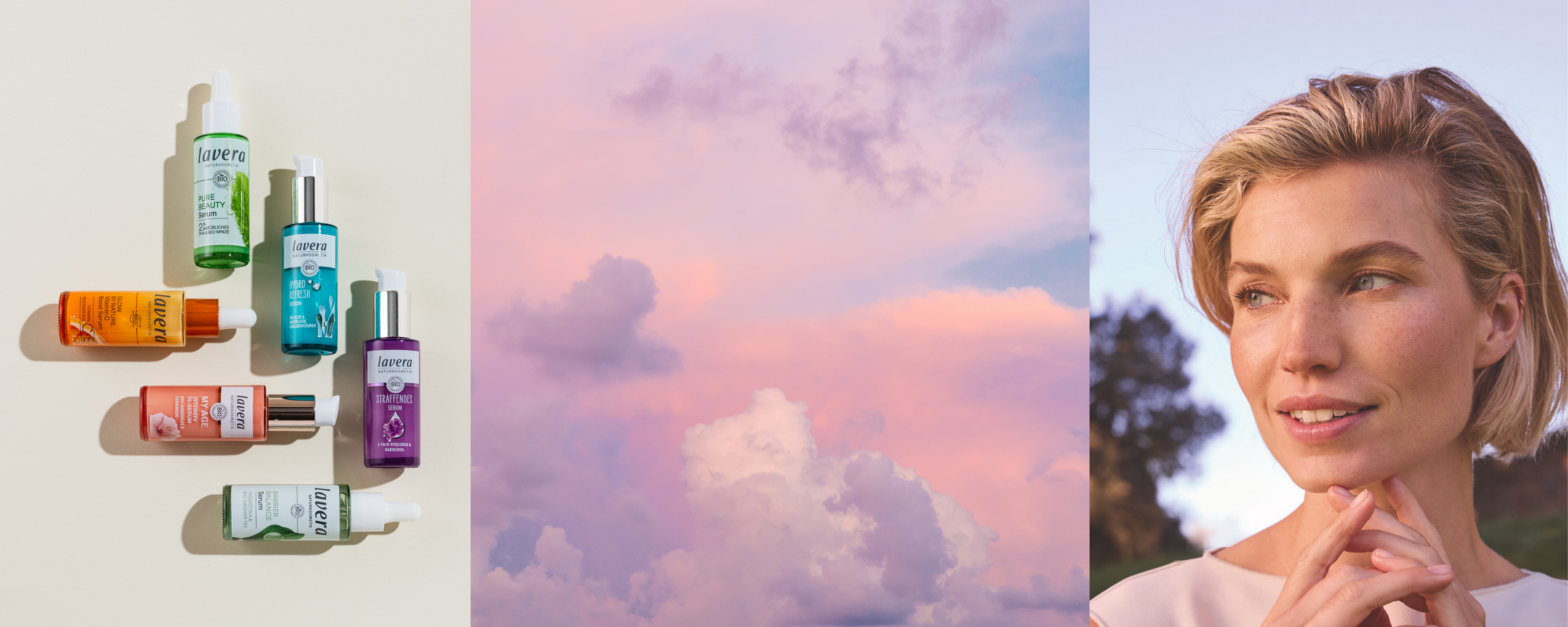 Banner mit einer Produktauswahl, einem natürlichen Stimmungsbild und einem Model