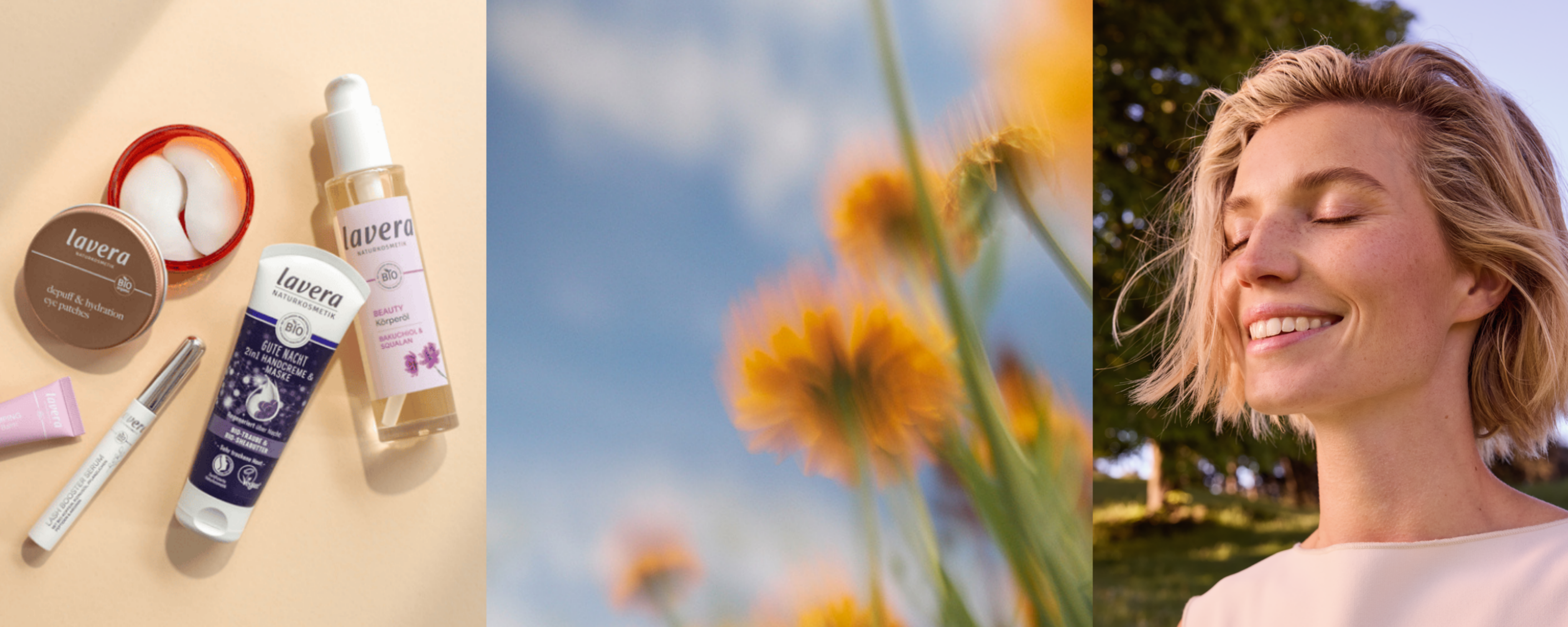 Banner mit einer Produktauswahl, einem natürlichen Stimmungsbild und einem Model