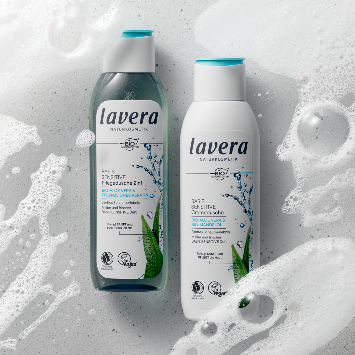 Die beiden lavera basis sensitive Duschen