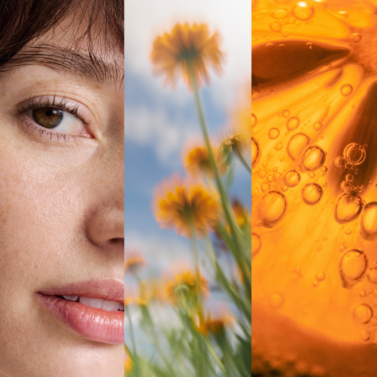 Dreigeteiltes Bild mit einer Frau, gelben Blumen und der Nahaufnahme des Inneren einer Orange