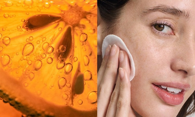 Collage mit Nahaufnahme einer Orangenscheibe auf der linken und Nahaufnahme des Gesichts einer Frau, die sich die Wange mit einem Wattepad reinigt auf der rechten Seite