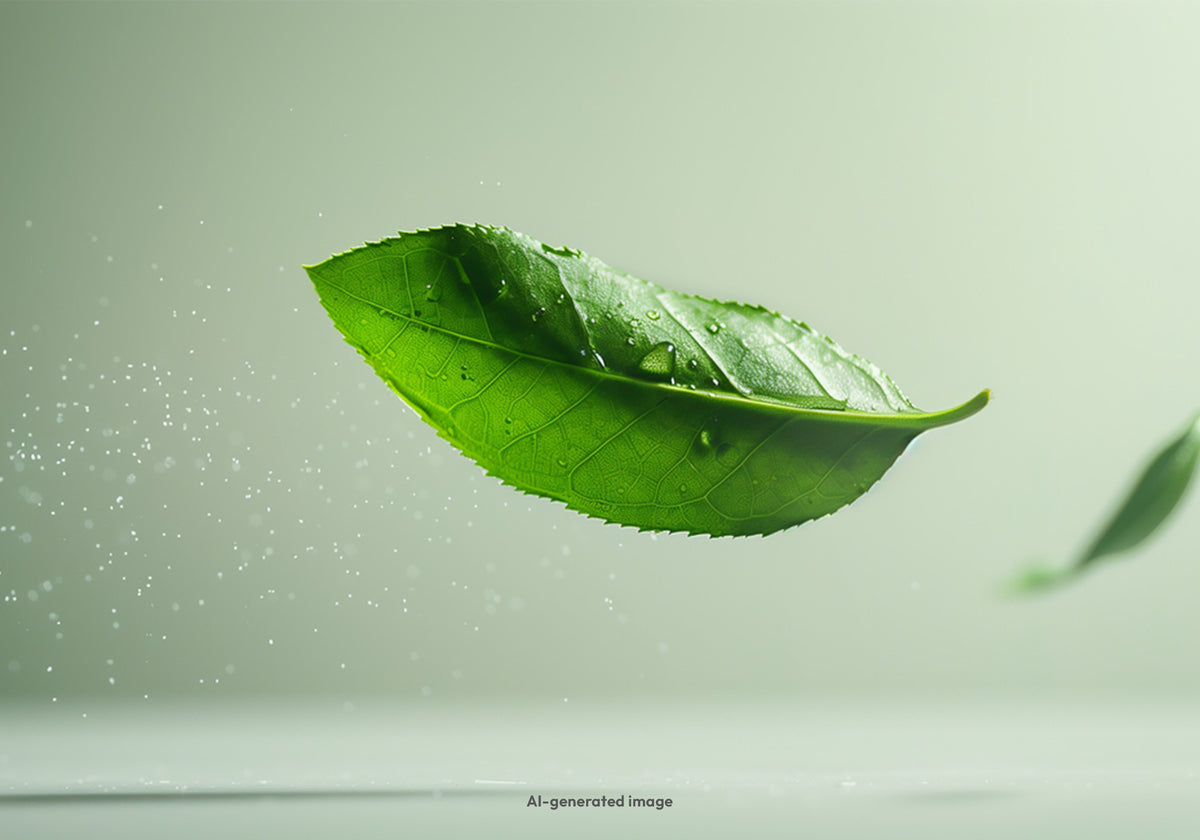 Matcha-Blatt schwebend (AI-generated)