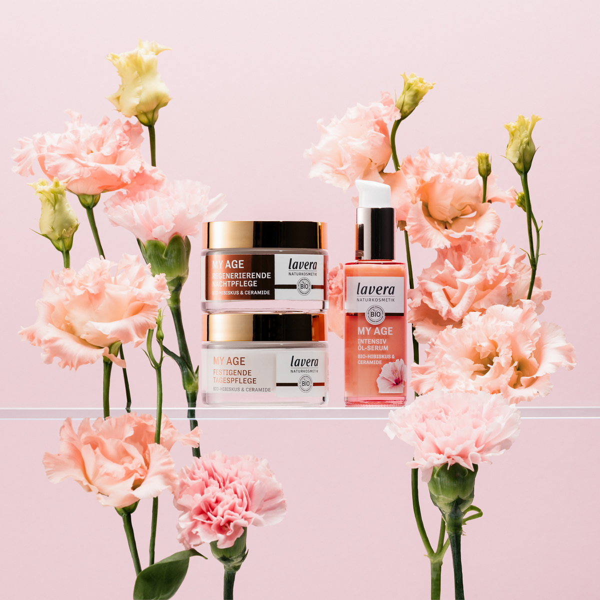 My Age Produkte vor lila Hintergrund umgeben von rosa Pfingstrosen