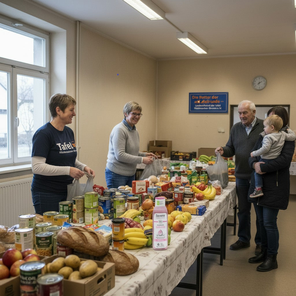 Menschen stehen an einem langen Tisch mit Lebensmitteln