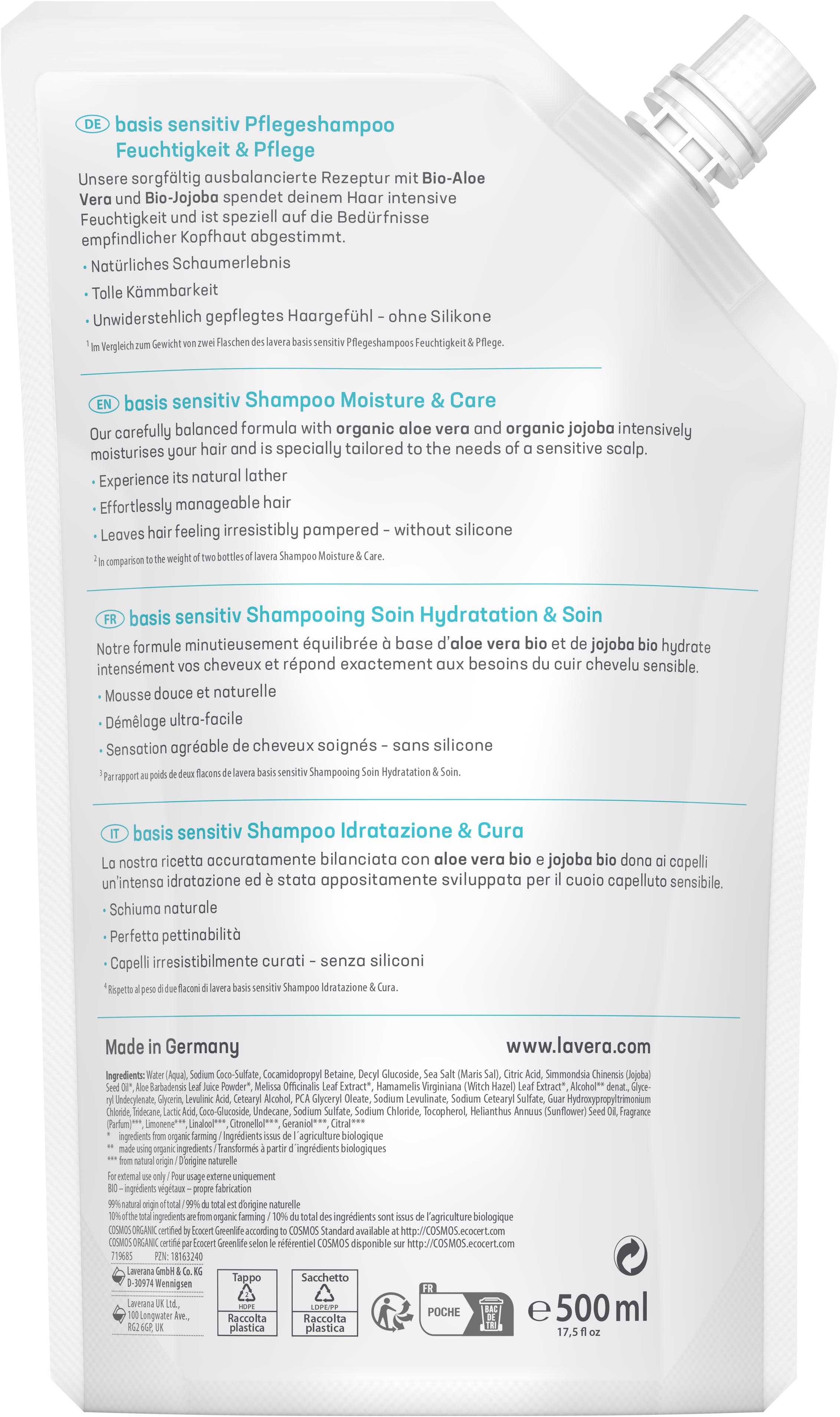 lavera Nachfüllbeutel basis sensitive Pflegeshampoo Feuchtigkeit & Pflege