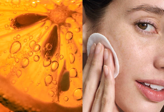 Splitbild: Orangen-Scheibe mit Bläschen und Frau reinigt Gesicht mit Wattepad