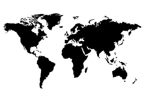 Weltkarte als schwarze Silhouette auf weißem Hintergrund